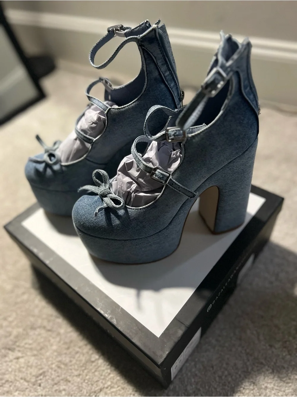 Denim Triple-Strap Platform Mary Jane Heels - Blue